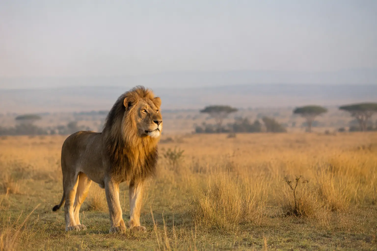 Sabah ışığında Afrika savanasında duran yetişkin erkek aslan