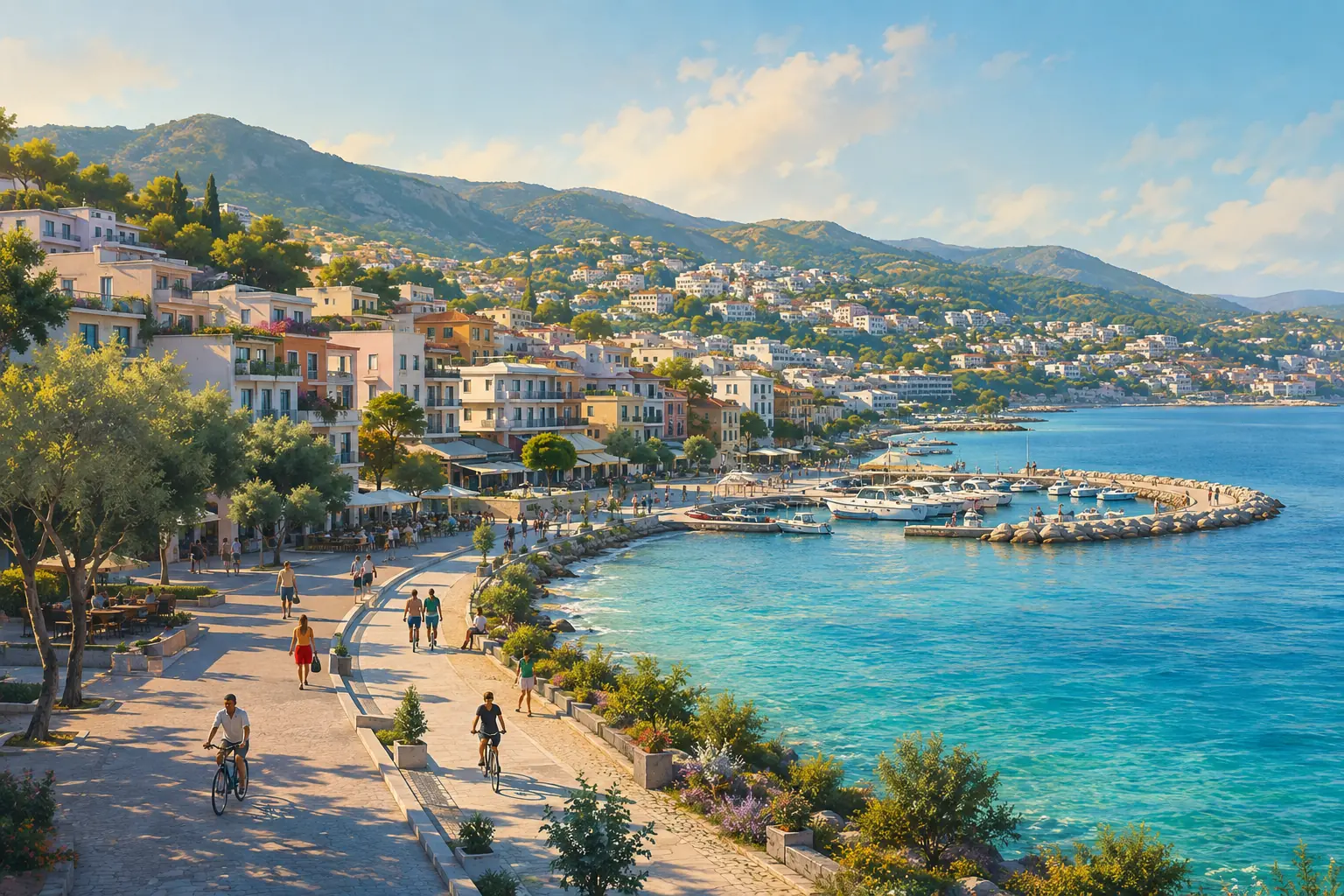 Akdeniz kıyısında falez, liman ve Torosları gösteren temsili Antalya görünümü