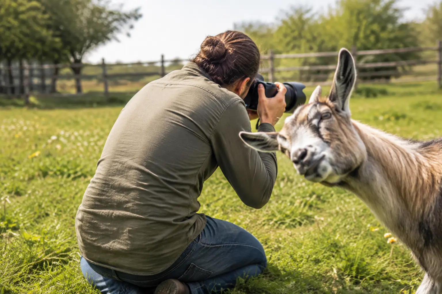 Doğal ortamda fotoğraf çeken kişi ve kadraja giren keçi