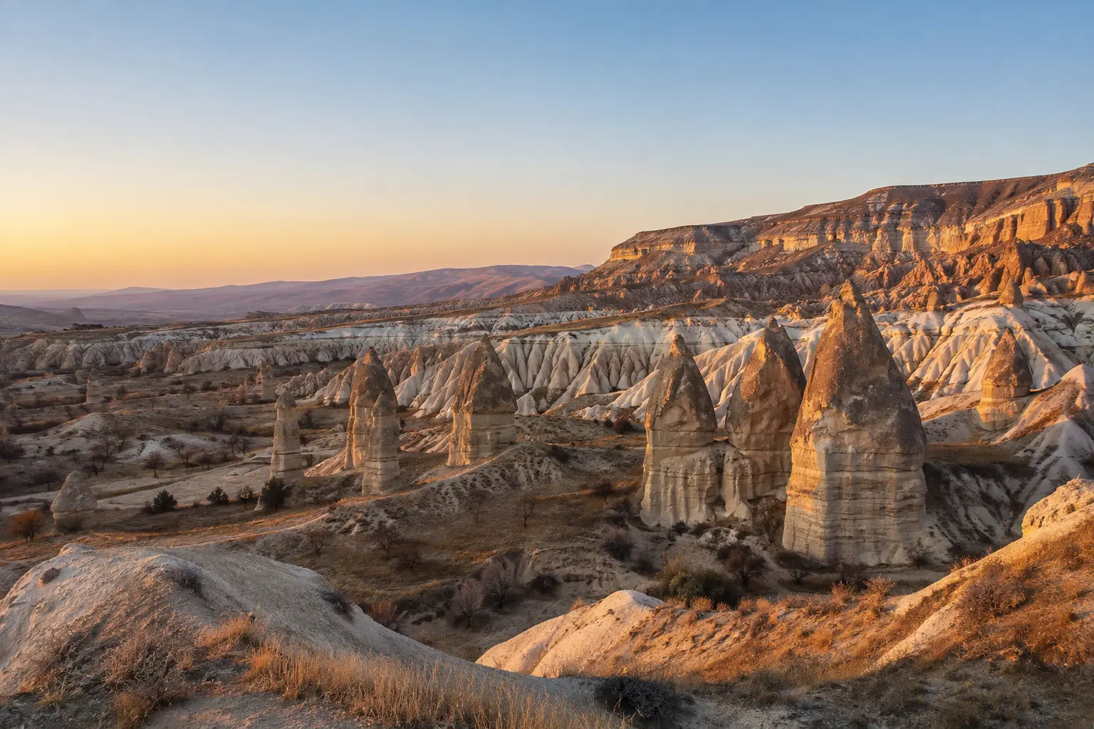 Kapadokya vadisinde gün doğumunda görülen peri bacaları