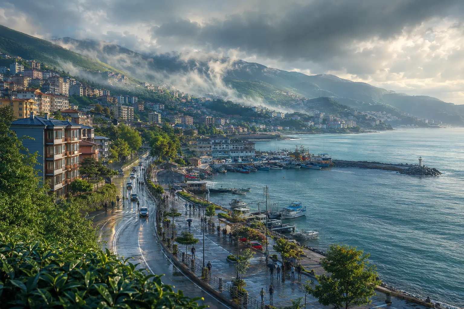 Dağların denize yaklaştığı yağışlı Karadeniz kıyısında temsili Trabzon görünümü