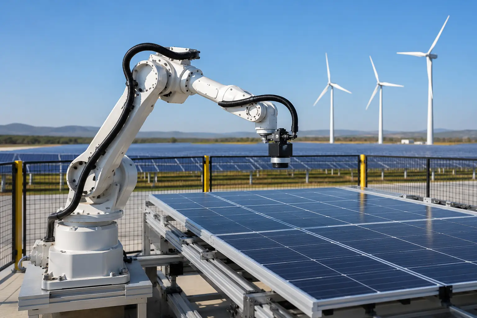 Güneş panelini temassız sensörle inceleyen endüstriyel robot kolu
