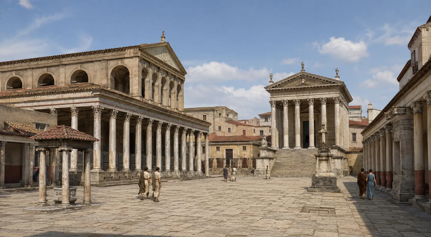 Roma İmparatorluğu dönemindeki forumu gösteren tarihsel canlandırma